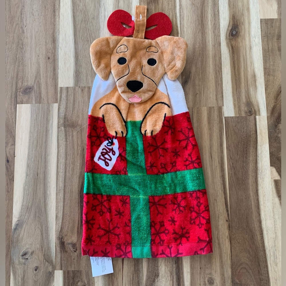 Puppy in gift box dog Hanging kitchen towel hand towel NWOT